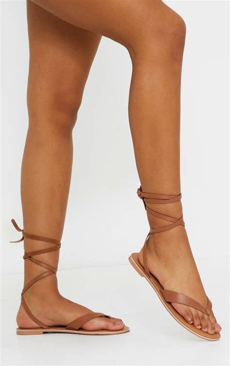 Tan Toe Thong Ankle Tie Strappy Sandal Prettylittlething