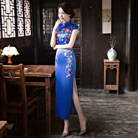 2018 blue cheongsam sexy qipao woman evening dress traditional chinese