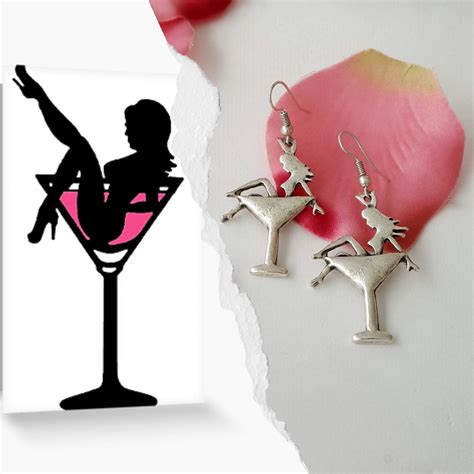 Pin Up Girl Martini Glass Silver Earrings Pinup Girl Woman Etsy