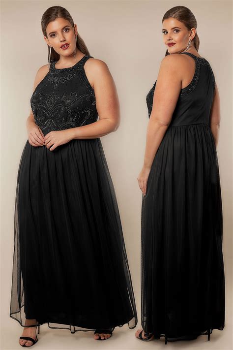 luxe black bead embellished fully lined maxi dress with