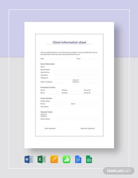 client information sheet template word excel apple pages google