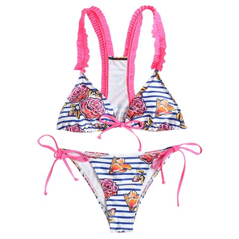 2018 Stripe Flower Bikini Set Padded Bikini Swimwear Women Sexy Thong