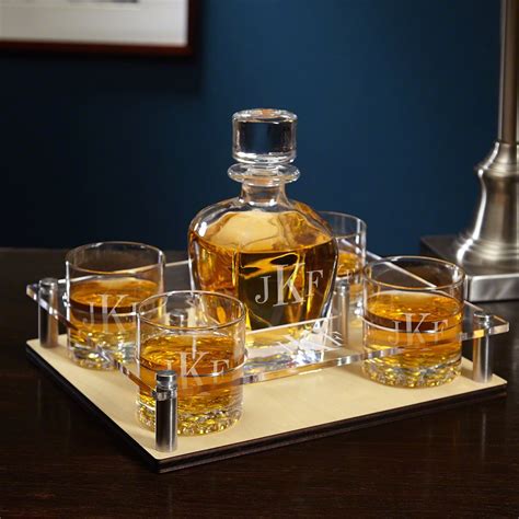 classic monogram whiskey decanter tray  glasses  pc set