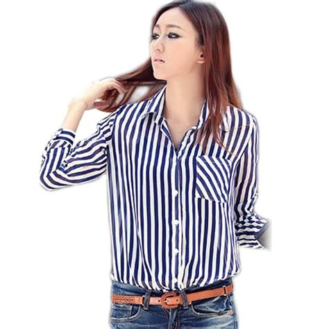2018 Vintage Ol Ladies Blue Vertical Stripe Shirts Button Down Long