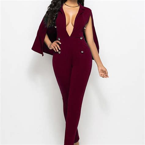 Burgundy Jumpsuit Outfit With Deep V Neck And Cape Style