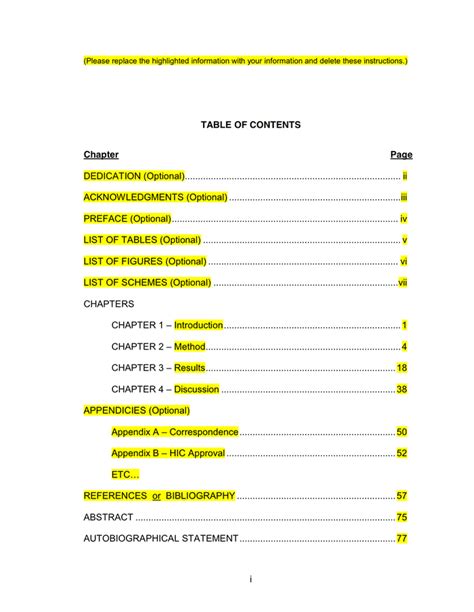 table  contents template  word   formats