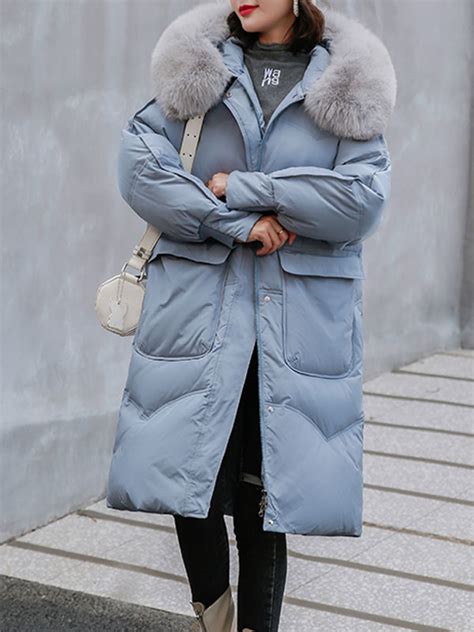 puffer coats  women light sky blue faux fur collar hooded zipper long sleeves casual thicken