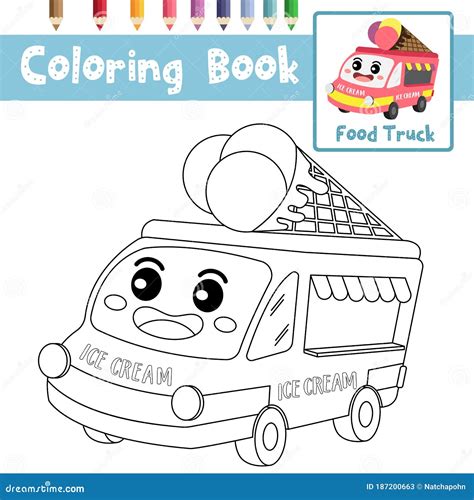 coloring page food truck cartoon character perspective view vector