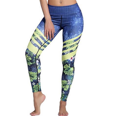 fitness leggings women yellow stripe pants flower leaf print leggings