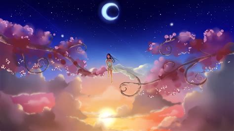 wallpaper anime girl sky moon sun clouds branches