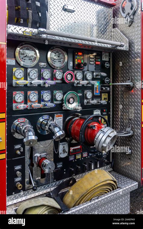 fire truck pump panel stock photo alamy