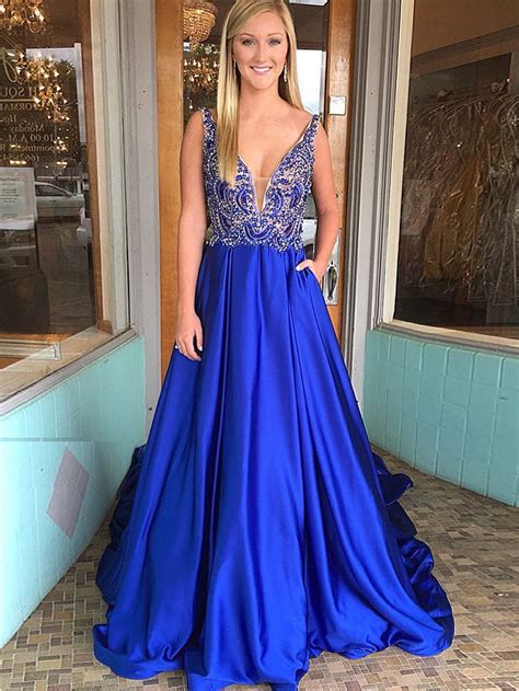 elegant prom dresses a line straps royal blue beading long prom dress