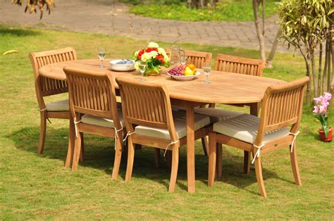 teak dining set  seater  pc  oval table  stacking arbor armless chairs outdoor patio
