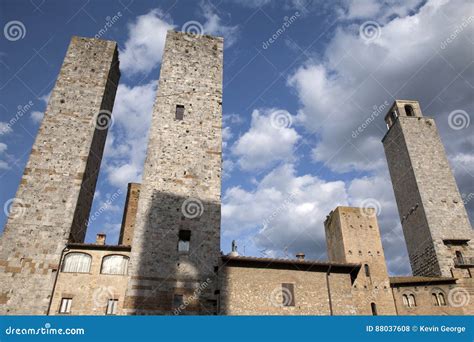 torri salvucci and torre grossa towers san gimignano tuscany stock