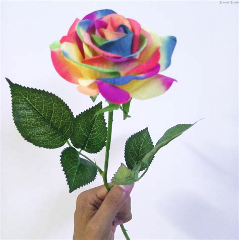 15 Pcs Single Stem Fake Colorful Silk Flower Artificial Rainbow Rose