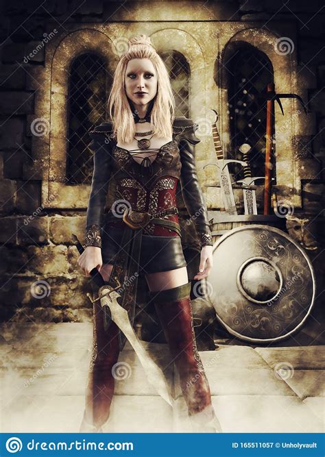 Female Warrior In A Medieval Armory Stock Illustration