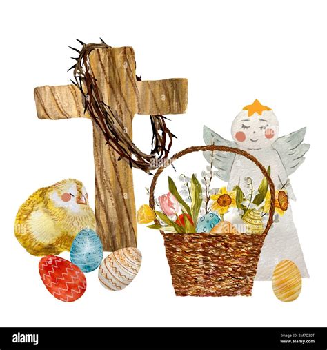 cross crown chick egg flower angel watercolor stock photo alamy