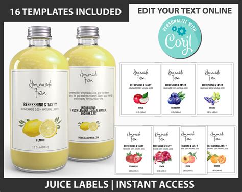 juice labels set editable homemade juice labels natural etsy