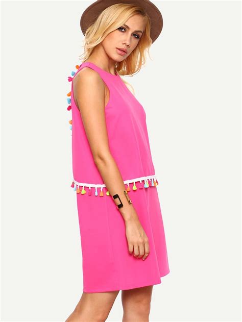 hot pink sleeveless tassel shift dress shein sheinside