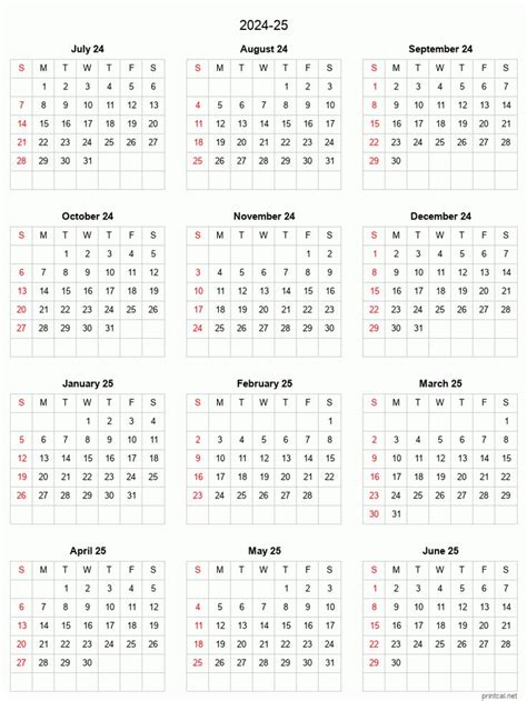 printable   split year academic calendar   daily calendar