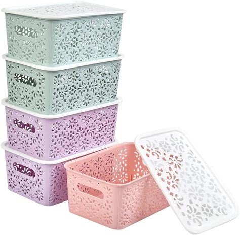 buygoo 5pcs plastic storage baskets with lids muti colour plastic
