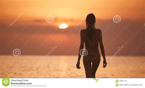 silhouette of a beautiful sexual girl against the sea and sunset stock