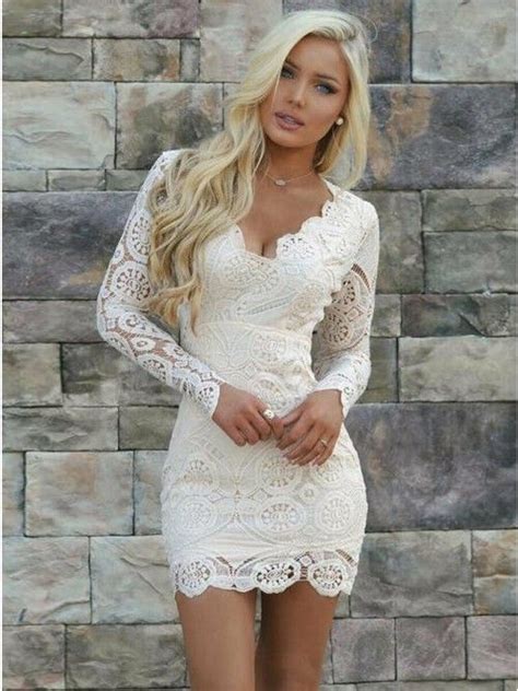 Tight White Short Party Dress With Long Sleeves V Neck
