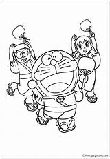 Doraemon Shizuka Pages Nobita Dance Coloring Yukata Wearing Together Color Kids sketch template