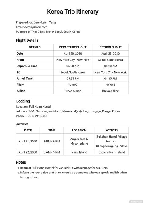itinerary samples format examples