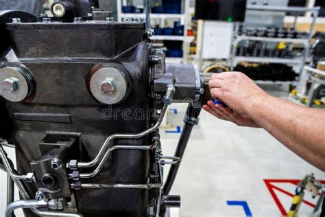 assembling tractor transmission   modern tractor factory service concept stock image