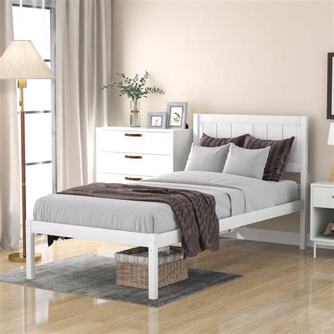 white single wood bed frame twin size bed frame  headboard modern wood platform bed