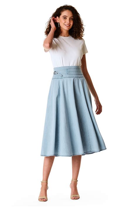 shop  belted waist cotton denim midi skirt eshakti