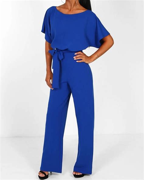fashion lace up short sleeve jumpsuit exlura wide leg blue jumpsuit
