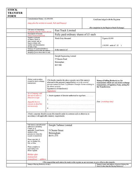 stock transfer form annotated stock transfer form consideration money