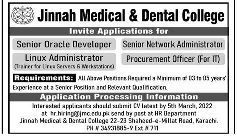Jinnah Medical And Dental College Jobs 2023 Ready Pk