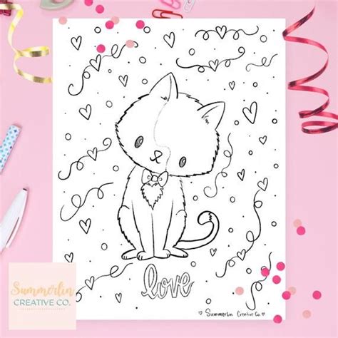 cat coloring page valentines day coloring page printable etsy