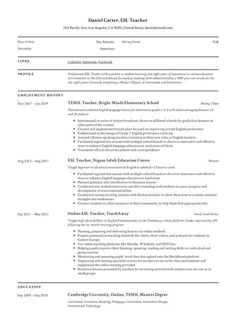 sample resume  english teachers  experience  samples