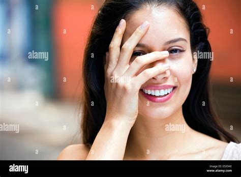 portrait  young woman  hand covering face stock photo alamy