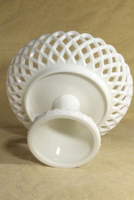 vintage milk glass compote bowl lace edge daisy and button