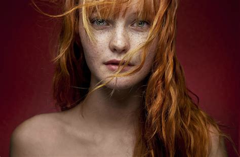 Women Redhead Freckles Green Eyes Hair In Face Portrait Kacy Anne
