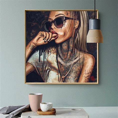Abstract Cool Sexy Girl Tattoo Canvas Painting Wear Glasses Sex Women