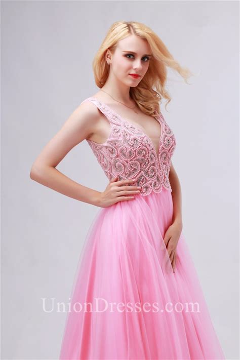 a line deep v neck open back pink tulle beaded prom dress