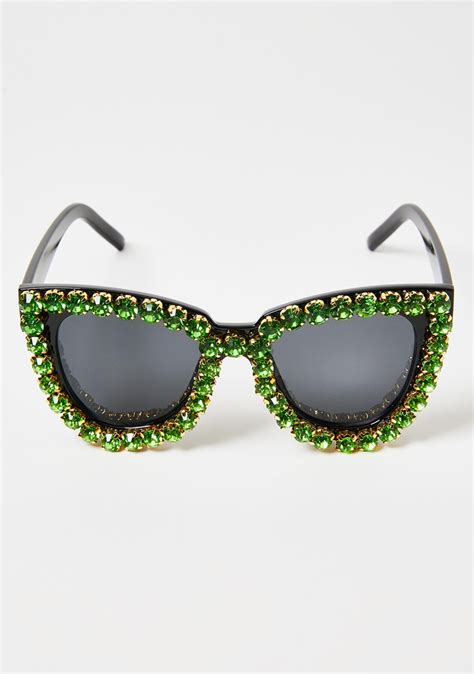neon green rhinestone oversized cat eye tinted sunglasses black dolls