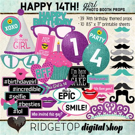 photo booth props happy 14th birthday girl printable