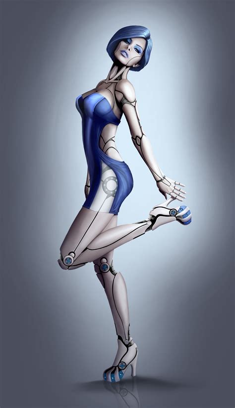a futuristic woman in blue and white poses for the camera with her