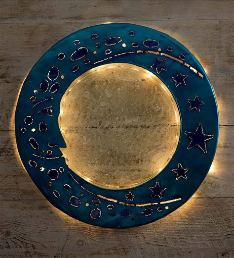 Handcrafted Lighted Blue Moon Metal And Glass Wall Art Wind And Weather