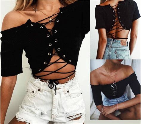 Weania Sexy Crop Top Lace Up Ladies T Shirt Summer Women Off Shoulder