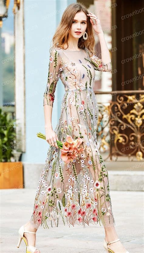 runway dress embroidery  gorgeous  sleeves sheer mesh embroidery long dresses bohemian