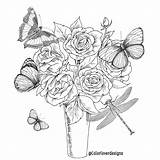 Coloring Stress Printable Flowers Patterns Relieving Rose Dragonfly Pot Butterflies Adult Instant sketch template