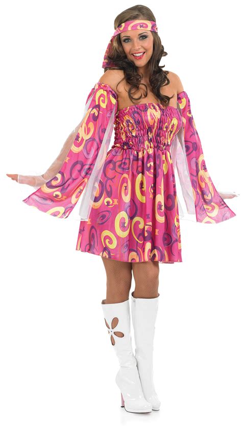 pink swirl hippy fancy dress ladies  hippie costume outfit uk